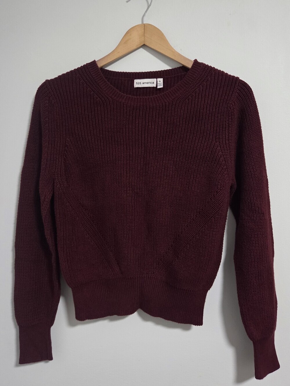 525 America shaker knit cropped crewneck sweater in a rich burgundy or oxblood